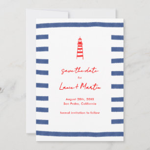 Save The Date Phare rayé rouge bleu côte est