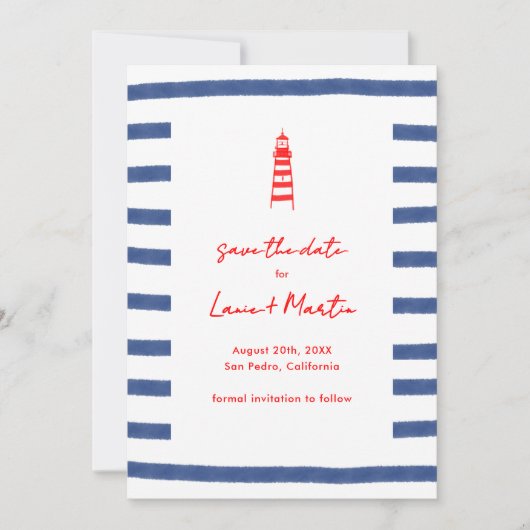Save The Date Phare rayé rouge bleu côte est (Devant)