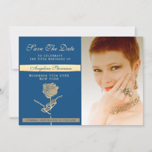 Save The Date Photo 50th Birthday Blue and Gold Floral Elegant
