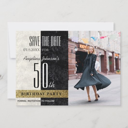 Save The Date Photo 50th Birthday Elegant Gold Black and White (Devant)