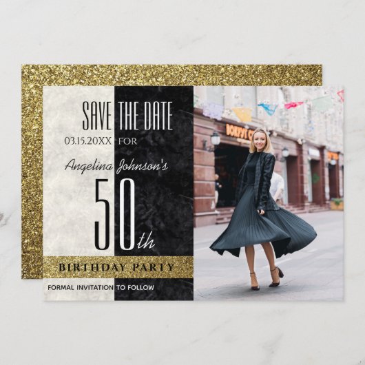 Save The Date Photo 50th Birthday Elegant Gold Black and White (Devant / Derrière)
