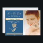 Save The Date Photo 50th Birthday Luxury Classic Blue and Gold<br><div class="desc">Élégante,  unique,  fleur rose or en combinaison avec un classique tendance arrière - plan bleu et doré côté arrière. Glamour,  luxe Save The Date invitation,  avec photo personnalisée.</div>