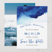 Save The Date Photo à l'aquarelle bleu indigo de script moderne (Devant / Derrière)