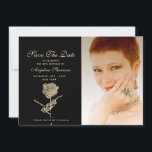 Save The Date Photo Anniversaire 50 ans Chic Noir<br><div class="desc">Luxe,  élégant,  unique,  fleur de rose dorée en combinaison avec un fond noir stylé et dos en feuille d'or brillant.</div>