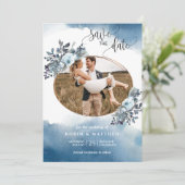 Save The Date Photo, Aquarelle Bleue et Foliage Bleu (Debout devant)