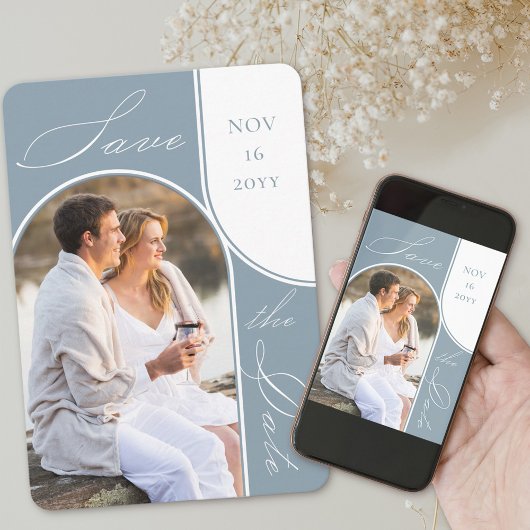 Save The Date Photo Arc moderne Élégante Calligraphie Dusty Blue
