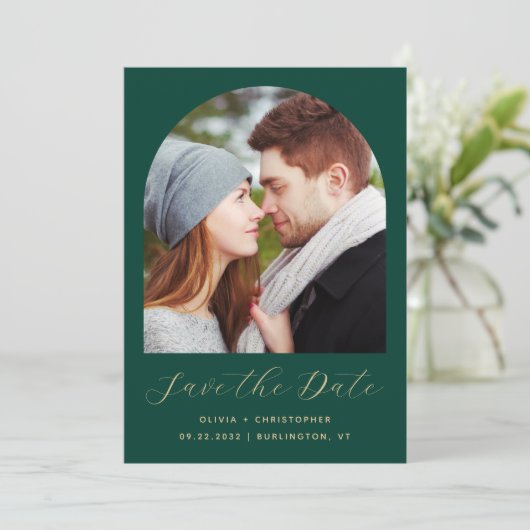 Save The Date Photo Arch QR Code Emerald Green Gold Script (Debout devant)