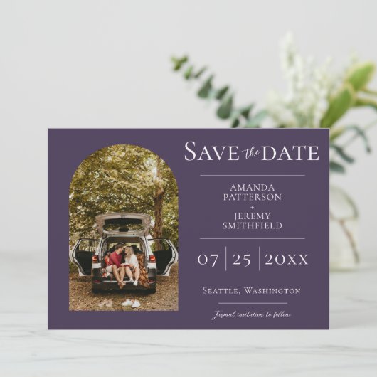 Save The Date Photo Arche simple | Purple Enregistrer la date (Debout devant)