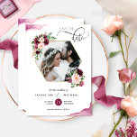 Save The Date Photo : Berry géométrique et Mariage floral Blush<br><div class="desc">Annoncez votre date de mariage avec cette belle photo de mariage enregistrer la carte de date. Design avec cadre géométrique magnifique avec couverture photo fleurie qui met en valeur votre image. Délicate aquarelle teinte détails du coin et la calligraphie manuscrite moderne. Retour avec les mêmes taches d'aquarelle en cascade et...</div>