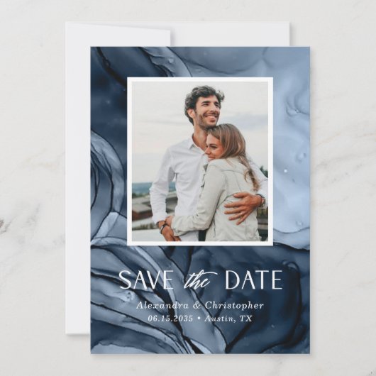 Save The Date Photo Bleue Moderne Appartement Enregistrer La Car (Devant)