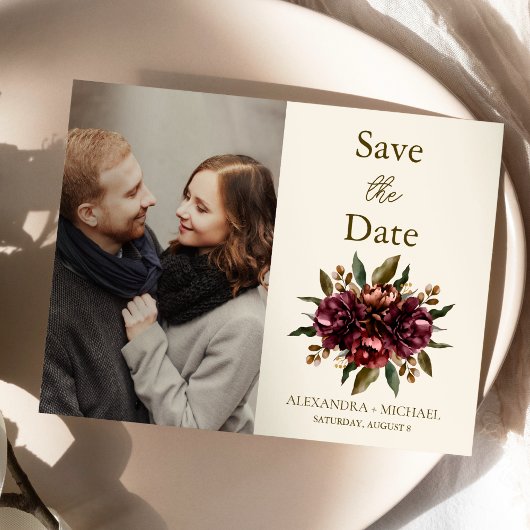 Save The Date Photo Boho Automne Bourgogne Floral Mariage
