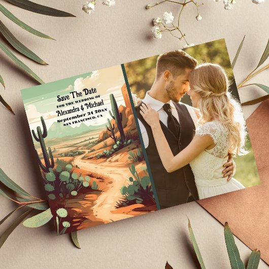 Save The Date Photo Boho Desert Cactus Mariage illustré
