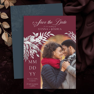 Save The Date Photo botanique à feuilles rouge bordeaux gris
