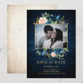 Save The Date Photo botanique rustique de campagne à teinte bleu (Devant / Derrière)