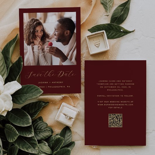 Save The Date Photo Burgundy Red Gold Script QR Code