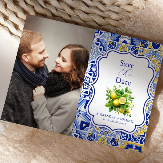Save The Date Photo Carreaux bleus Citrons Mariage