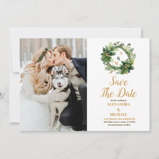 Save The Date Photo Christmas Berries & Pine Mariage (Devant)