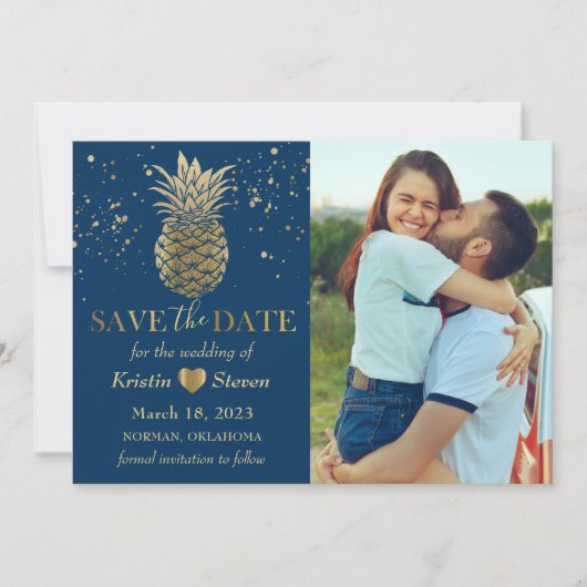 Save The Date Photo classique d'ananas bleu or (Devant)