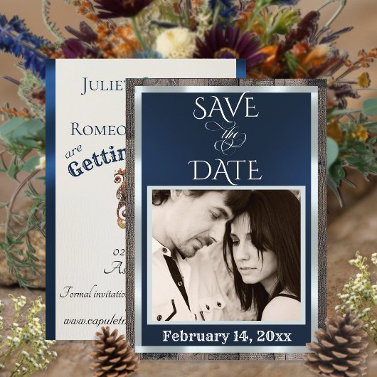 Save The Date Photo & Cœur - Bleu foncé