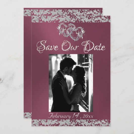 Save The Date Photo, Coeurs d'argent & Parties scintillant - Lav (Devant / Derrière)