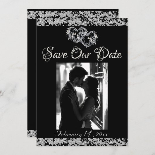Save The Date Photo, Coeurs d'argent & Parties scintillant - Noi (Devant / Derrière)