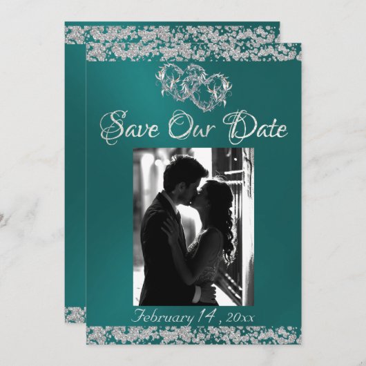 Save The Date Photo, Coeurs d'argent & Parties scintillant - Tur (Devant / Derrière)