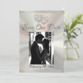 Save The Date Photo, Coeurs et Ruban - Blanc/Argent (Debout devant)