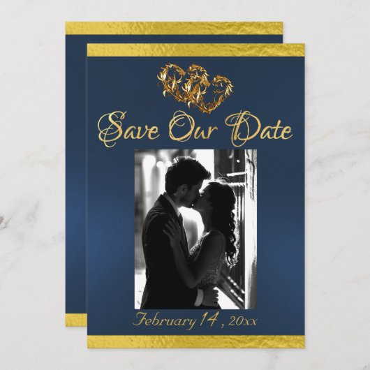 Save The Date Photo, Coeurs et Ruban - Bleu/Or (Devant / Derrière)