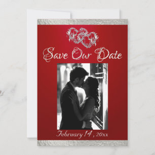 Save The Date Photo, Coeurs et Ruban - Crimson/Argent