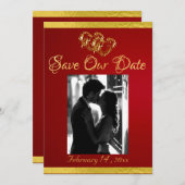 Save The Date Photo, Coeurs et Ruban - Crimson/Or (Devant / Derrière)