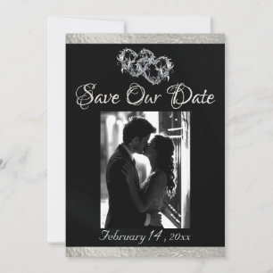 Save The Date Photo, Coeurs et Ruban - Noir/Argent