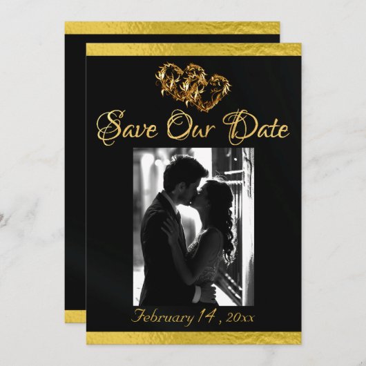 Save The Date Photo, Coeurs et Ruban - Noir/Or (Devant / Derrière)
