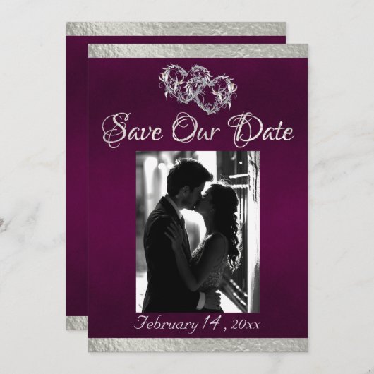 Save The Date Photo, Coeurs et Ruban - Violet/Argent (Devant / Derrière)