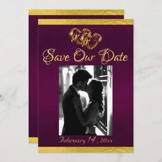 Save The Date Photo, Coeurs et Ruban - Violet/Or (Devant / Derrière)