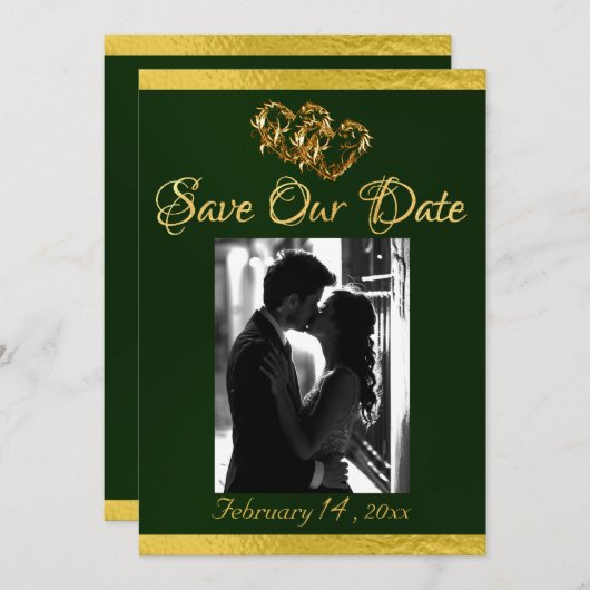 Save The Date Photo, Coeurs & Ruban - Emerald/Gold (Devant / Derrière)