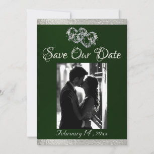 Save The Date Photo, Coeurs & Ruban - Emerald/Silver