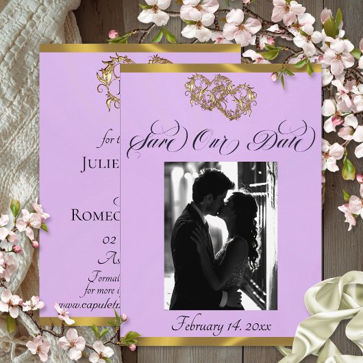 Save The Date Photo, Cœurs & Ruban - Lavande/Or