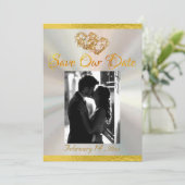 Save The Date Photo, Coeurs & Ruban - Perle Blanche/Or (Debout devant)