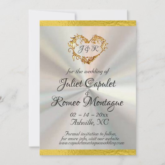 Save The Date Photo, Coeurs & Ruban - Perle Blanche/Or (Dos)