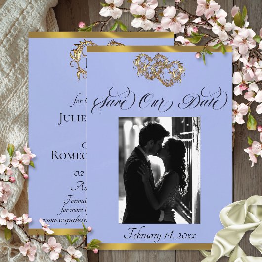 Save The Date Photo, Cœurs & Ruban - Perle Bleue/Or