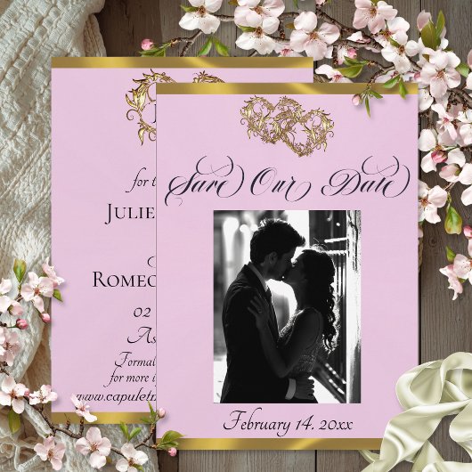 Save The Date Photo, Cœurs & Ruban - Perle Rose/Or