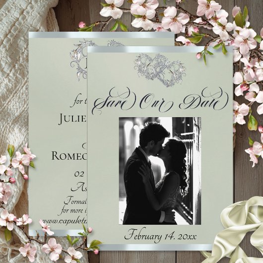 Save The Date Photo, Cœurs & Ruban - Sage Perle/Argent