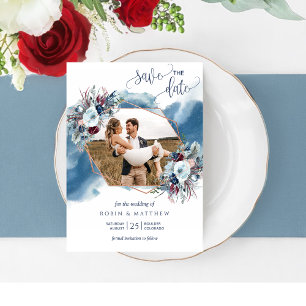 Save The Date Photo Collage, Bleu, Violet, Aquarelle Bourgogne