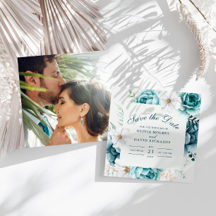 Save The Date Photo Couple Fleur sauvage turquoise Enregistrer L