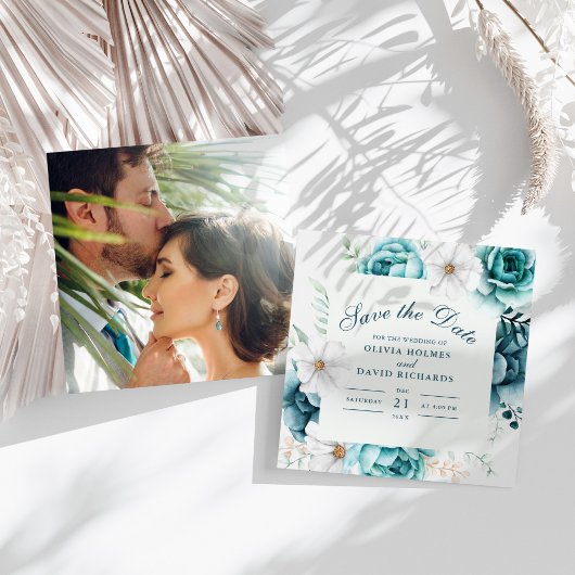 Save The Date Photo Couple Fleur sauvage turquoise Enregistrer L