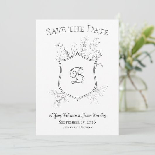 Save The Date Photo Crest Monogramme classique noir et blanc (Debout devant)