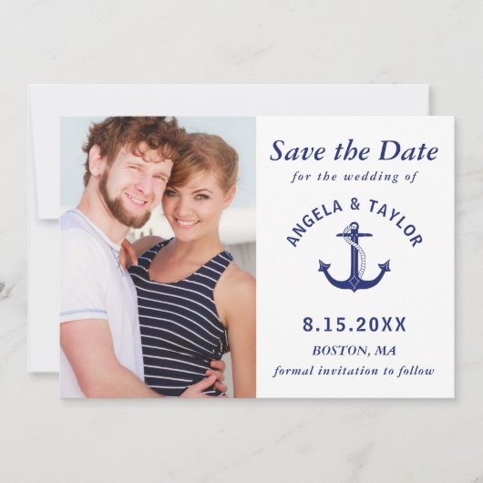 Save The Date Photo d'ancre nautique de mariage rayée bleu marin (Devant)