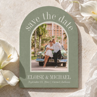 Save The Date Photo d'arche de mariage vert sauge écriture moder