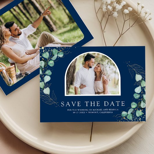 Save The Date Photo d'arche d'eucalyptus Mariage bleu marine