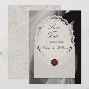 Save The Date Photo de cire vintage avec perles de dentelle